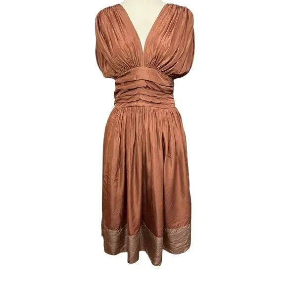 BCBGmaxazria Silk Dress Womens 6 Brown Pleated Sash Fit Flare Midi Greek Goddess - Picture 2 of 15